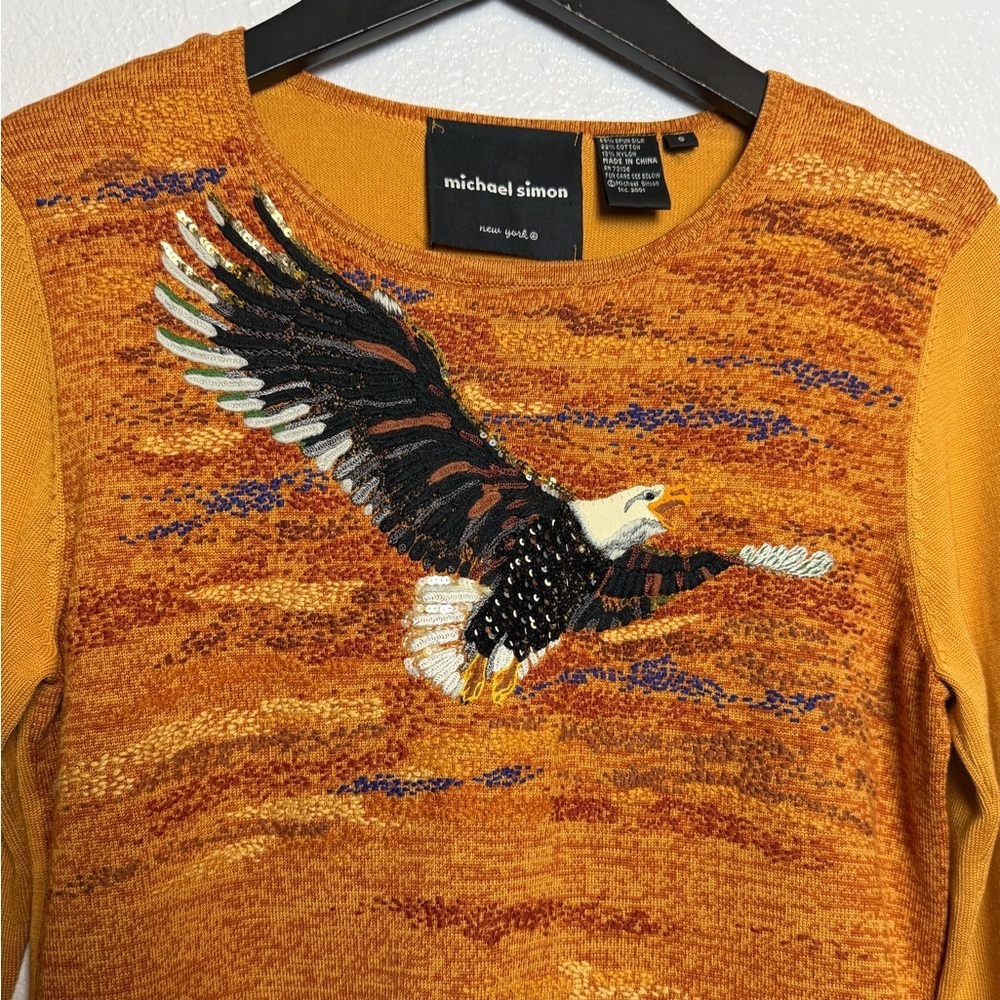 Vintage Michael Simon Golden Long Sleeve Top Eagle Design Silk Cotton Small